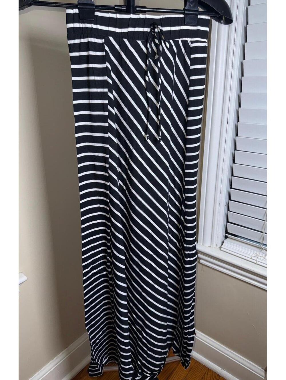 Fraiche by J‎ Black White Striped Maxi Skirt Size S Made in USA Drawstring Waist